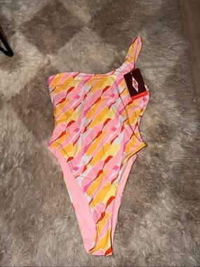 Jack's Swimwear One-Shoulder Swimsuit in Pink & Yellow Wave Print